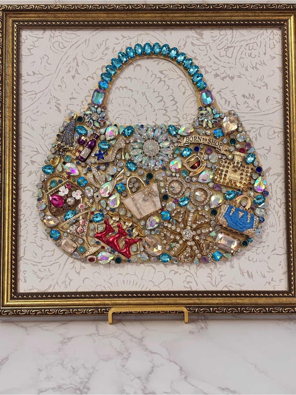 Embellished Crystal Accent Handbag Wall Art - Blue & Gold